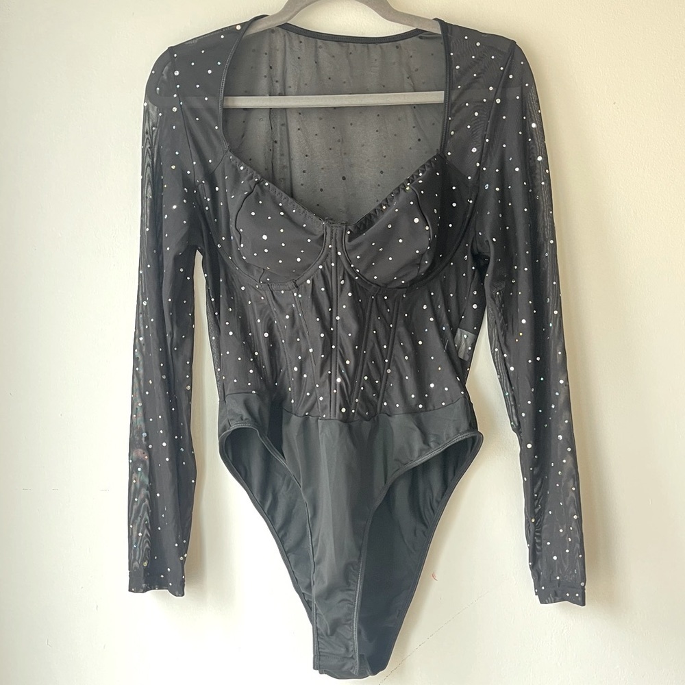 Shein Curve Black Rhinestone Mesh Long Sleeve Bodysuit Plus Size 1XL Holiday